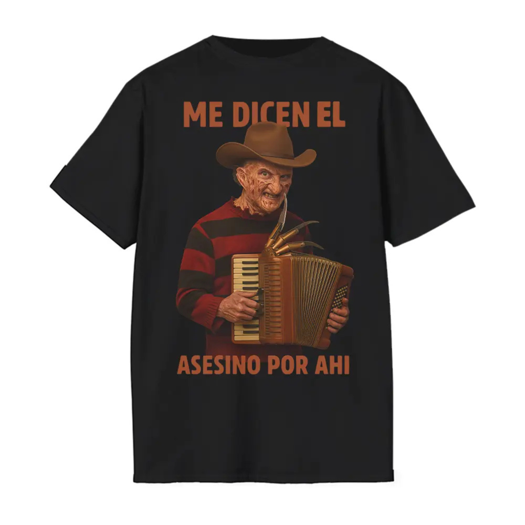 Me Dicen El Asesino Por Ahi Shirt – Horror Movie Villains, Accordion Tee, Jason, Freddy, Ghostface, Michael Myers