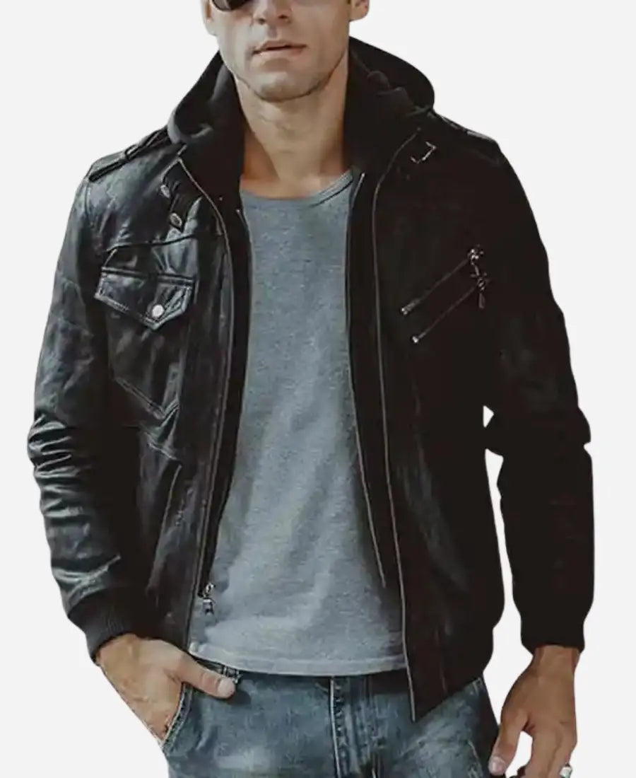 Men’s Black Bomber Leather Jacket with Hood - Rugged and Stylish
