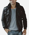 Men’s Black Bomber Leather Jacket with Hood - Rugged and Stylish
