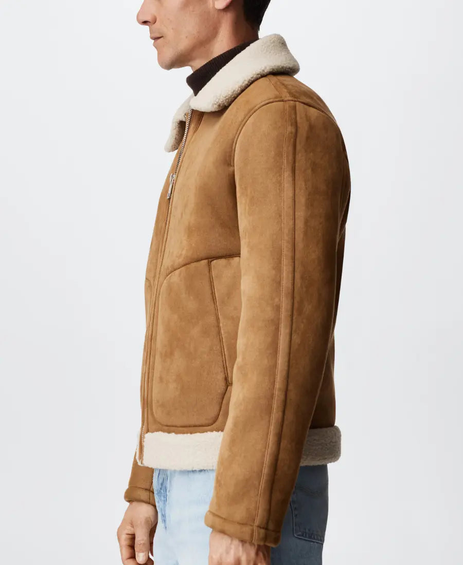 Men’s Fur Collar Brown Suede Leather Trucker Jacket