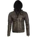 Men’s Real Leather Vintage Biker Jacket with Removable Hood
