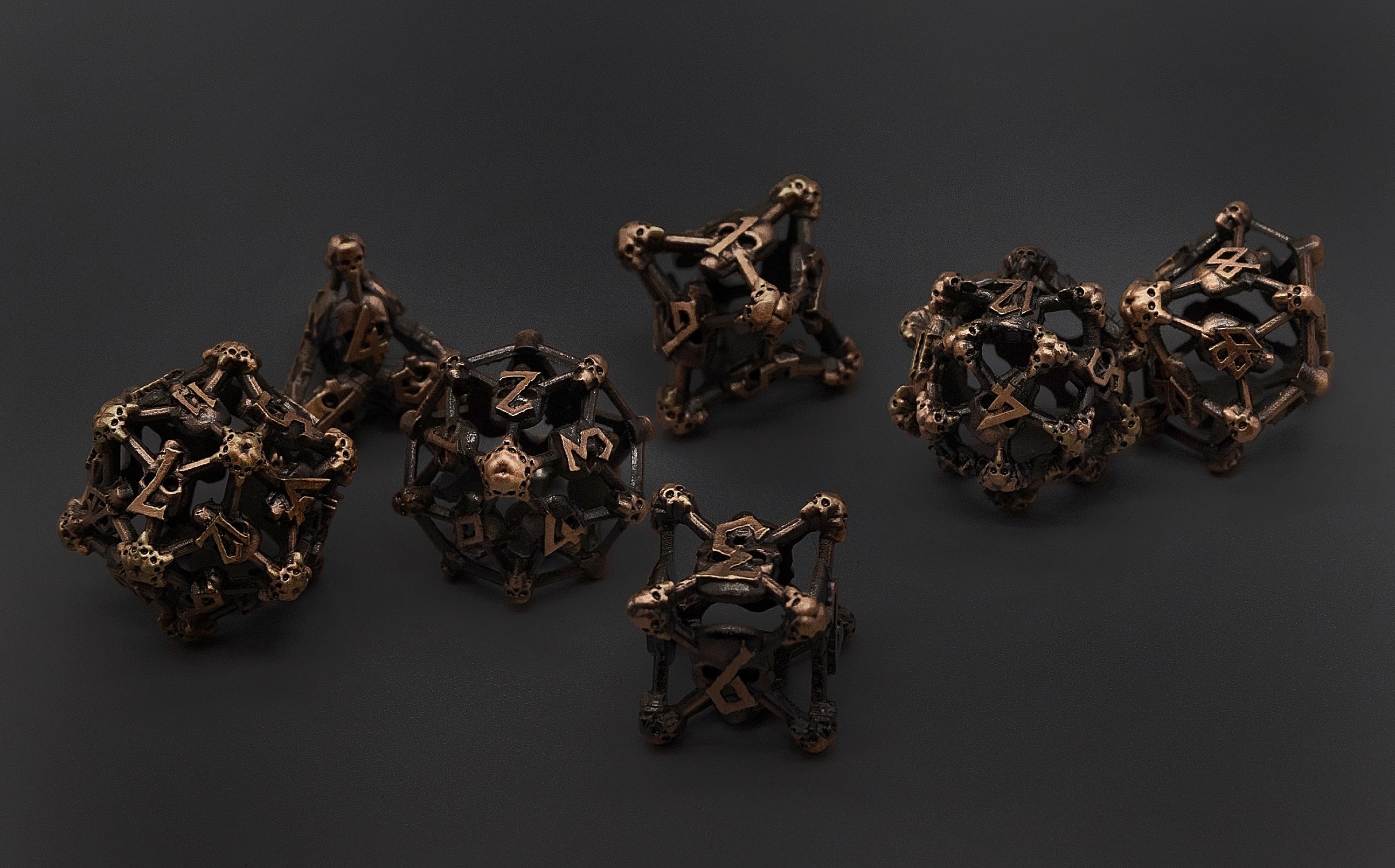 Copper Deadly Skull Dice Hollow Metal 7-Dice Set