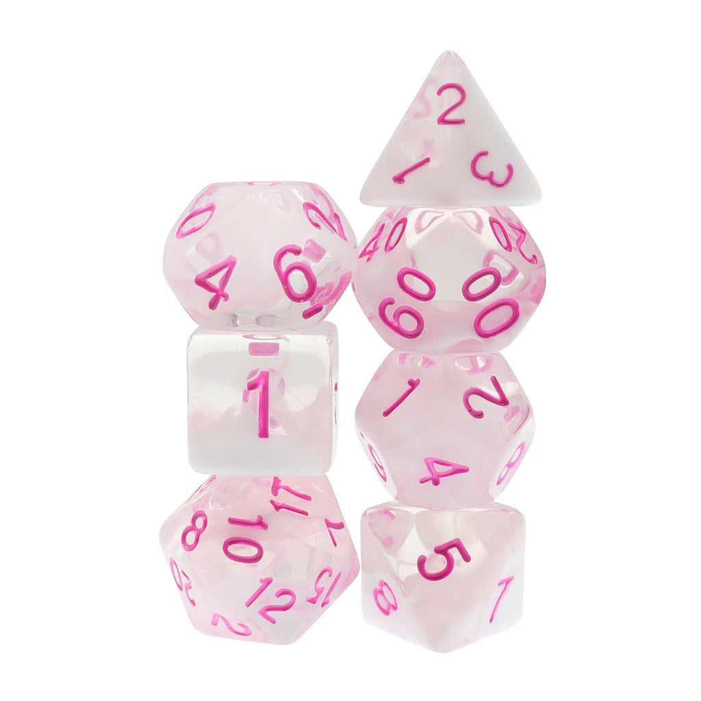 Cloudy Passion Translucent White Swirl Poly Dice Set with Pink (7) RPG DnD HdDice