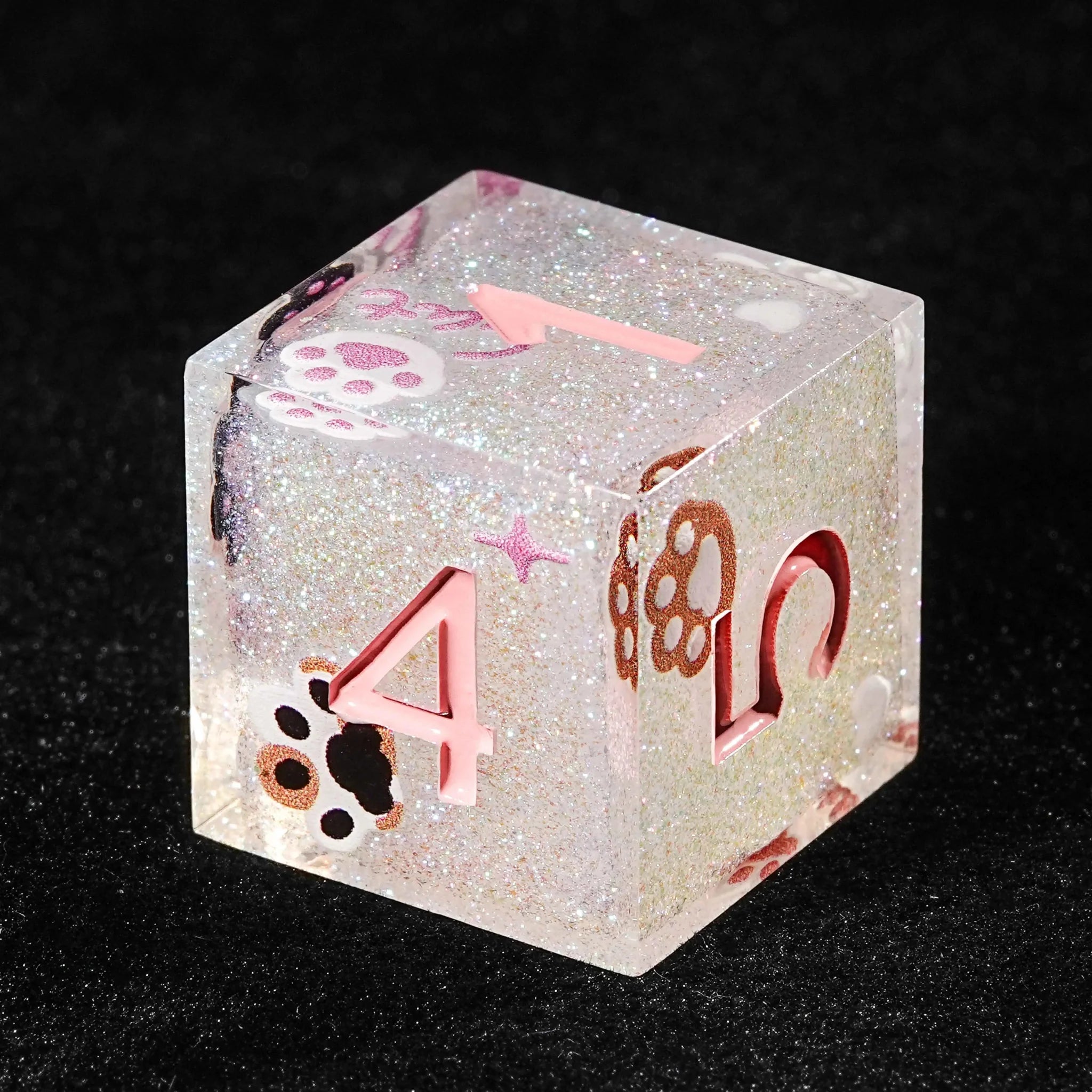 Pink glitter cat paw resin DND dice set + pink numbers