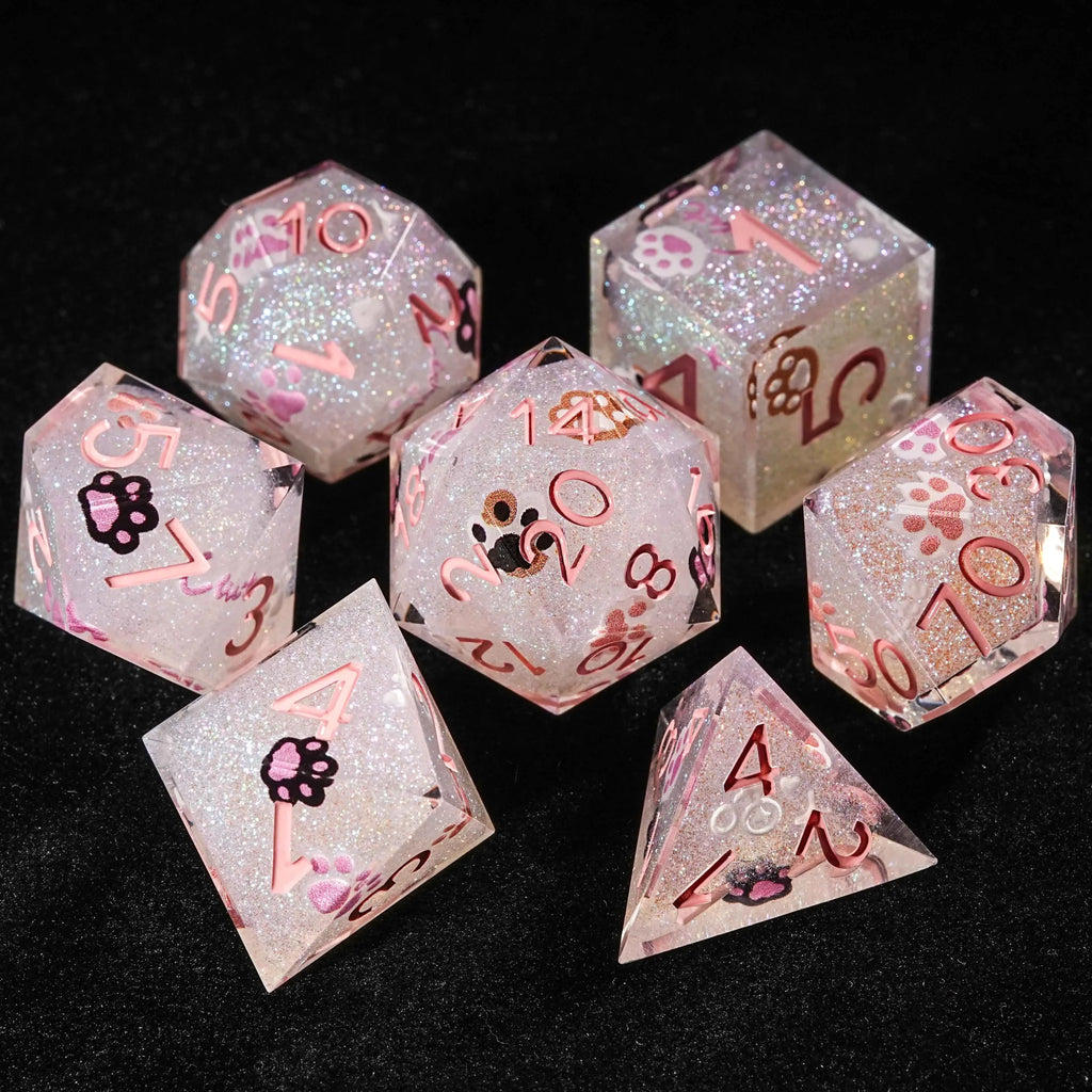 Pink glitter cat paw resin DND dice set + pink numbers