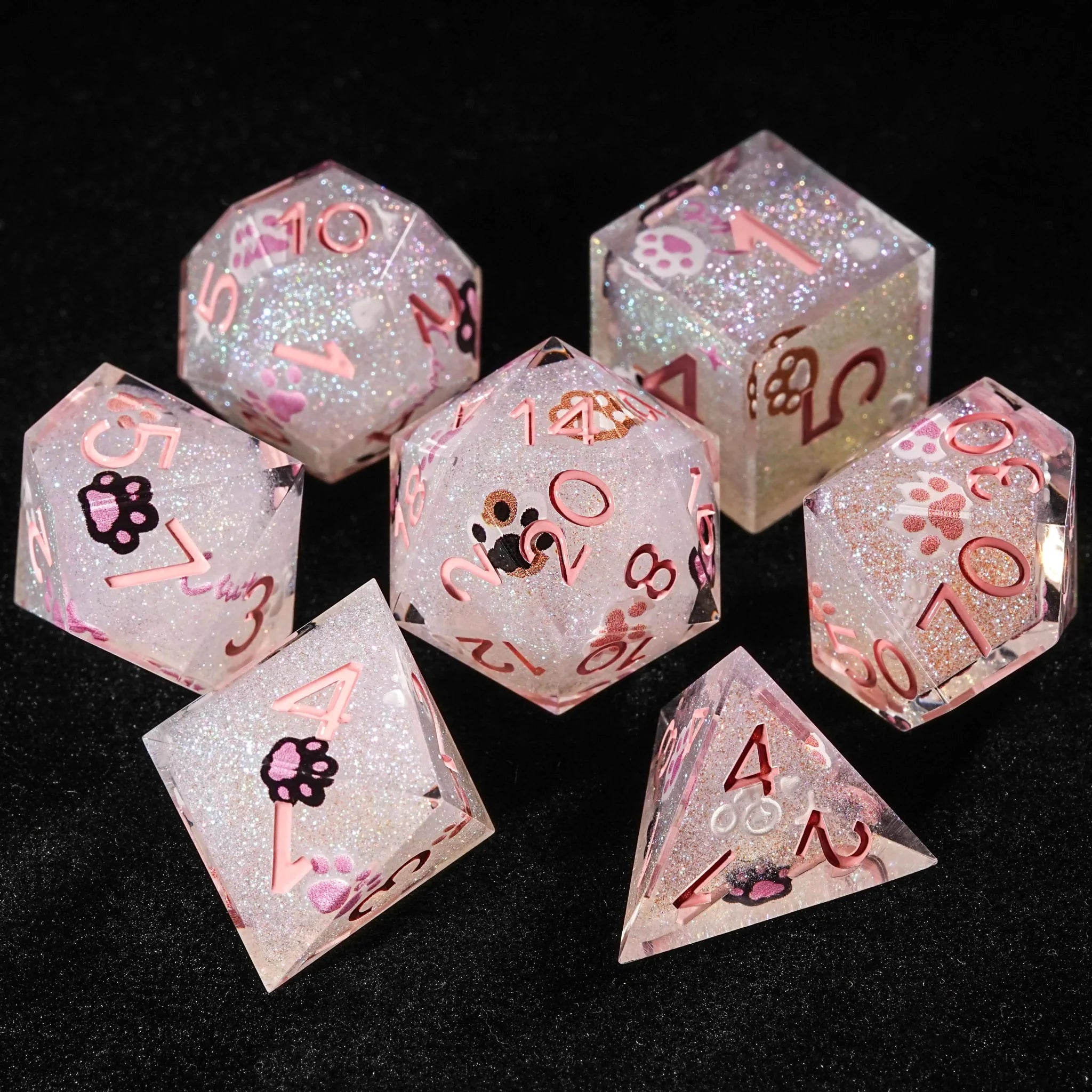 Pink glitter cat paw resin DND dice set + pink numbers