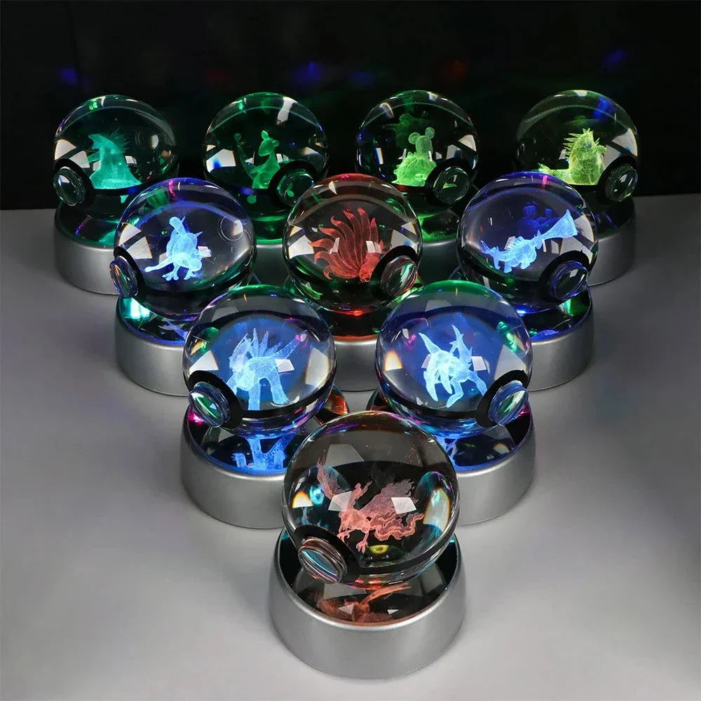 Pokemon 3D Crystal Ball Pikachu Gengar Eevee Mewtwo Anime Pokeball with Led Night Light Base