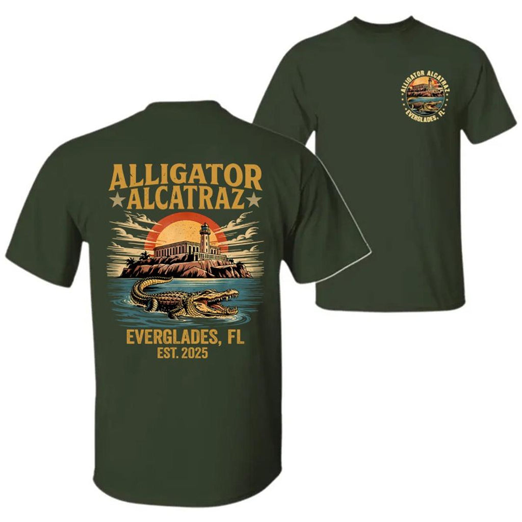 Retro Alligator Alcatraz T-Shirt – Funny Florida Everglades Double-Sided Tee, Southern Swamp Humor Shirt for Men & Women