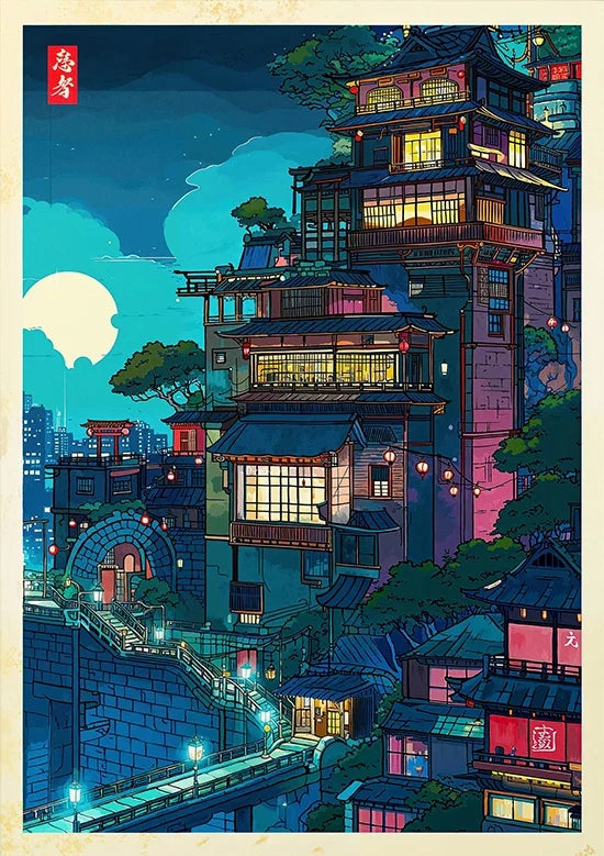 Tokyo Landscape Anime Illustration Print Japanese Night Scene Poster Fuji Vintage Painting Style Art Decor Canvas Wall Art Retro