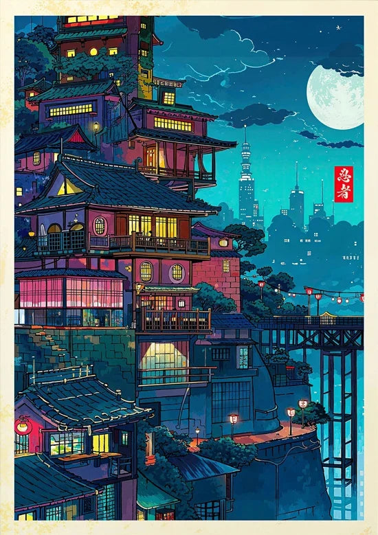 Tokyo Landscape Anime Illustration Print Japanese Night Scene Poster Fuji Vintage Painting Style Art Decor Canvas Wall Art Retro