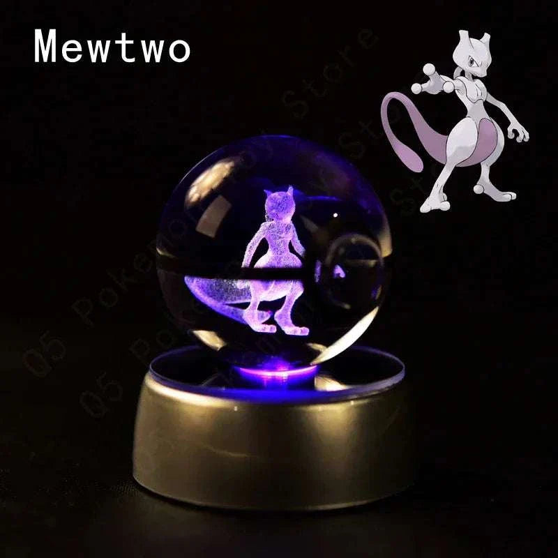 Pokemon 3D Crystal Ball Pokeballs with LED Light Base, Kids Anime Toy Gifts