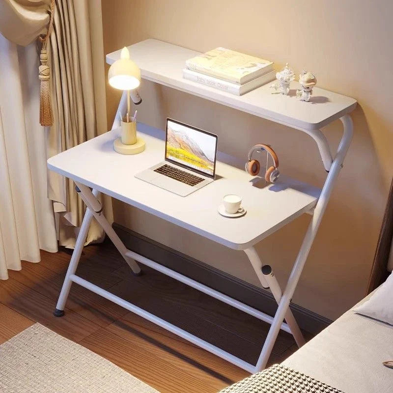Double Folding Table Layered Shelving Space Saving Folding Computer Table Use for Writing Studying Gaming and Office