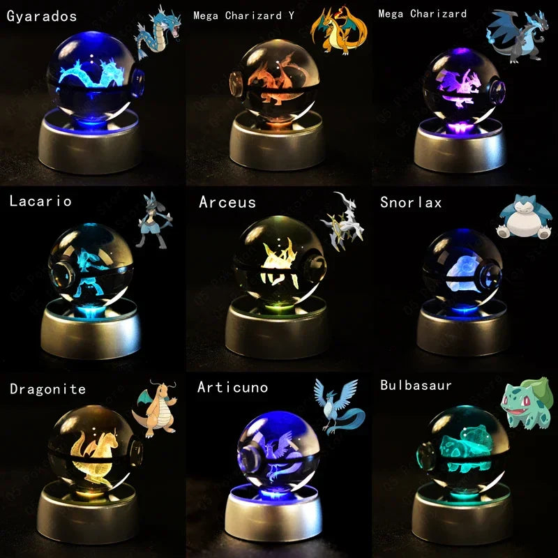 Pokemon 3D Crystal Ball Pokeballs with LED Light Base, Kids Anime Toy Gifts