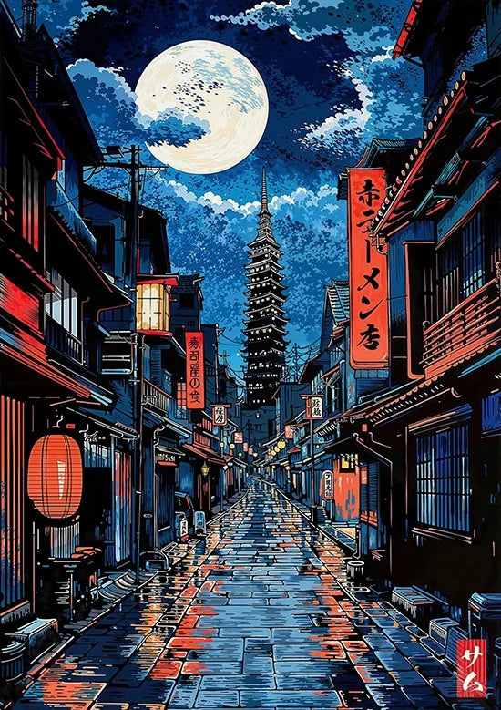 Tokyo Landscape Anime Illustration Print Japanese Night Scene Poster Fuji Vintage Painting Style Art Decor Canvas Wall Art Retro