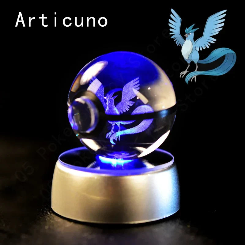 Pokemon 3D Crystal Ball Pokeballs with LED Light Base, Kids Anime Toy Gifts