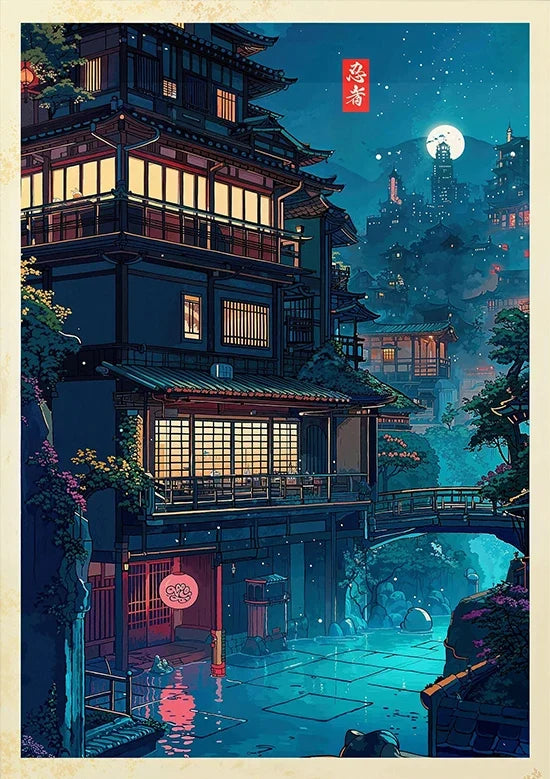 Tokyo Landscape Anime Illustration Print Japanese Night Scene Poster Fuji Vintage Painting Style Art Decor Canvas Wall Art Retro