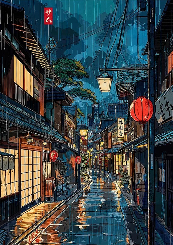 Tokyo Landscape Anime Illustration Print Japanese Night Scene Poster Fuji Vintage Painting Style Art Decor Canvas Wall Art Retro