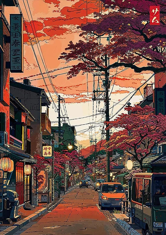 Tokyo Landscape Anime Illustration Print Japanese Night Scene Poster Fuji Vintage Painting Style Art Decor Canvas Wall Art Retro