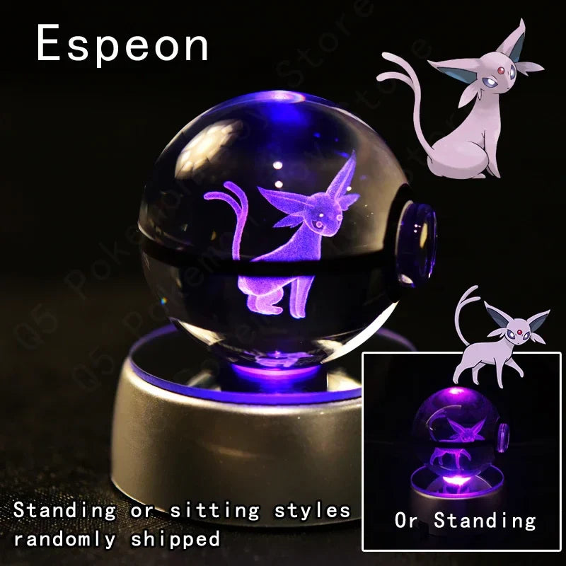 Pokemon 3D Crystal Ball Pokeballs with LED Light Base, Kids Anime Toy Gifts