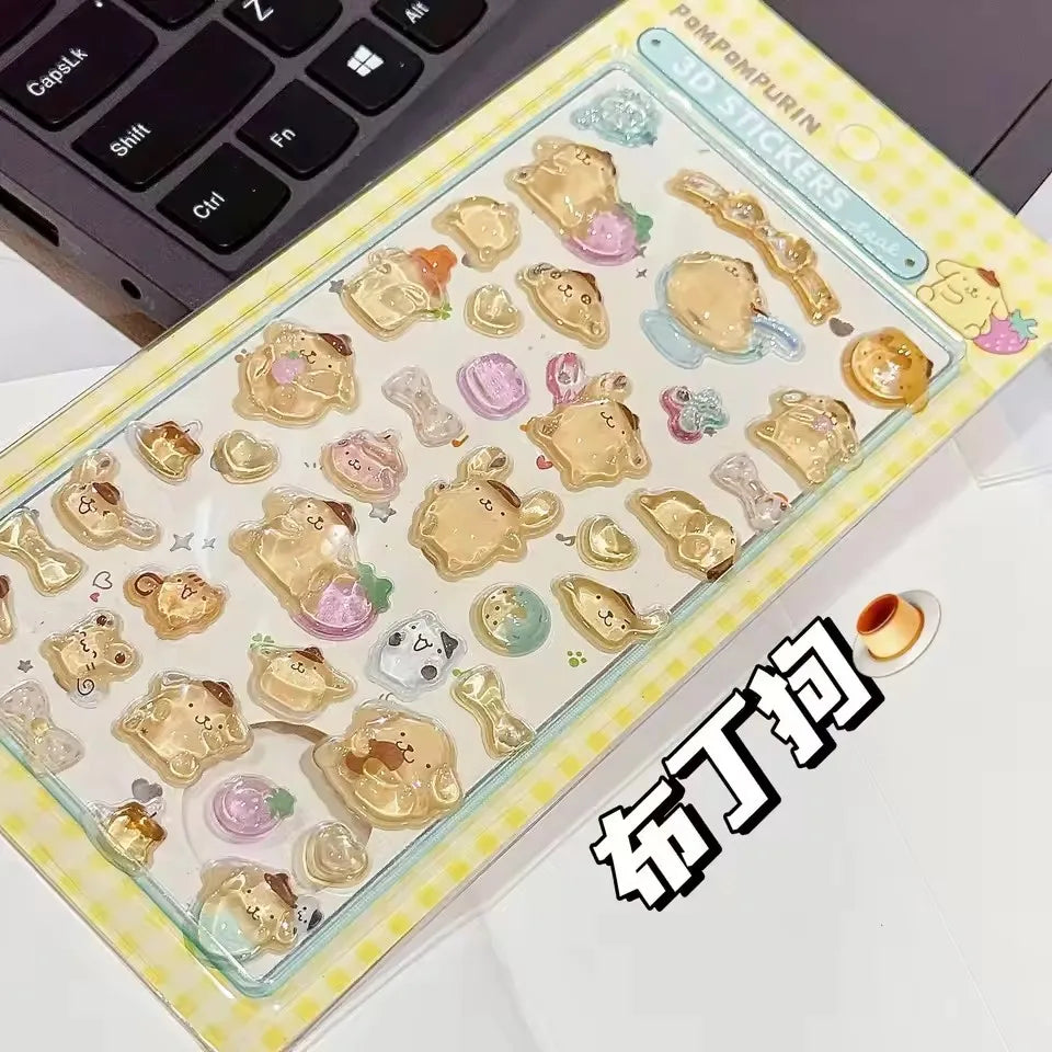 3D Sanrio Hellokitty Kuromi Cinnamoroll Stickers Cute Anime Transparent Jelly Crystal Decorative Sticker Phone Case DIY Kids Toy