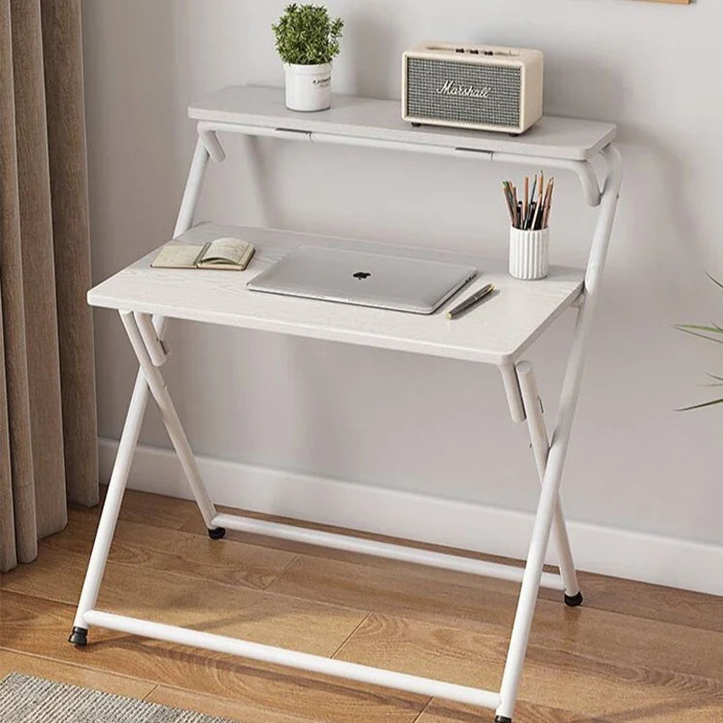 Double Folding Table Layered Shelving Space Saving Folding Computer Table Use for Writing Studying Gaming and Office