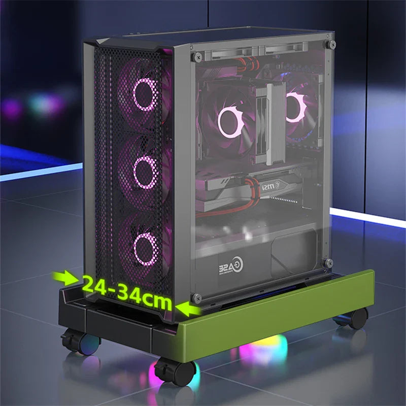 Mobile PC Tower Stand Adjustable Computer CPU Holder Telescopic Desktop Stand CPU Cart with RGB Cooling Fan Heat Dissipation