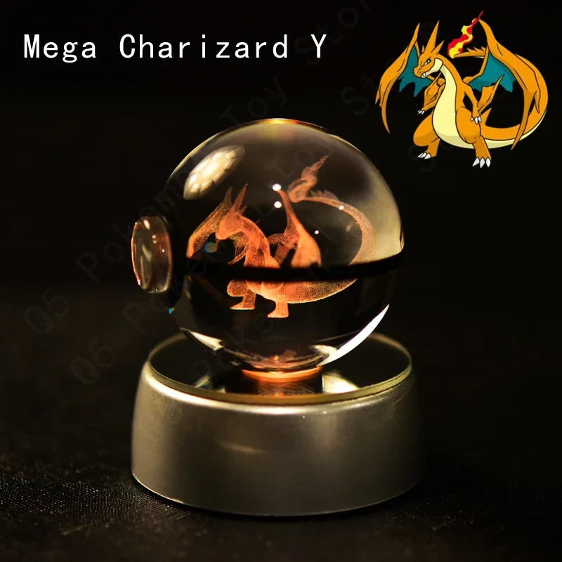 Pokemon 3D Crystal Ball Pokeballs with LED Light Base, Kids Anime Toy Gifts
