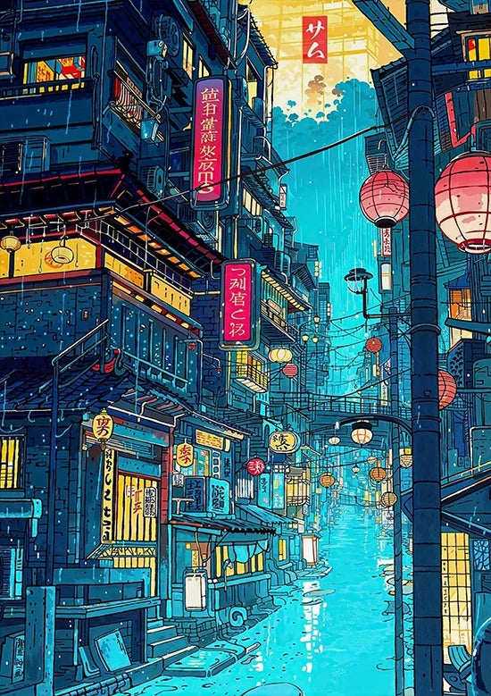 Tokyo Landscape Anime Illustration Print Japanese Night Scene Poster Fuji Vintage Painting Style Art Decor Canvas Wall Art Retro
