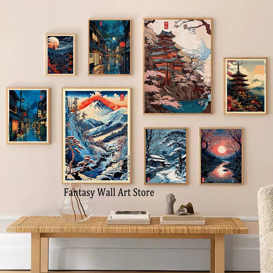 Tokyo Landscape Anime Illustration Print Japanese Night Scene Poster Fuji Vintage Painting Style Art Decor Canvas Wall Art Retro