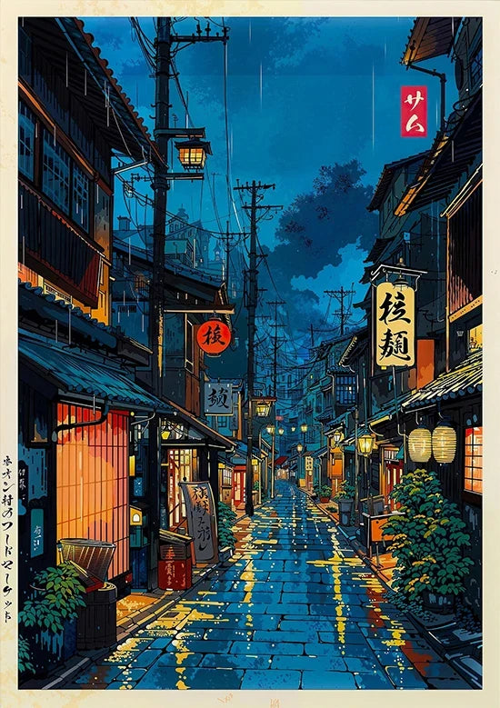 Tokyo Landscape Anime Illustration Print Japanese Night Scene Poster Fuji Vintage Painting Style Art Decor Canvas Wall Art Retro