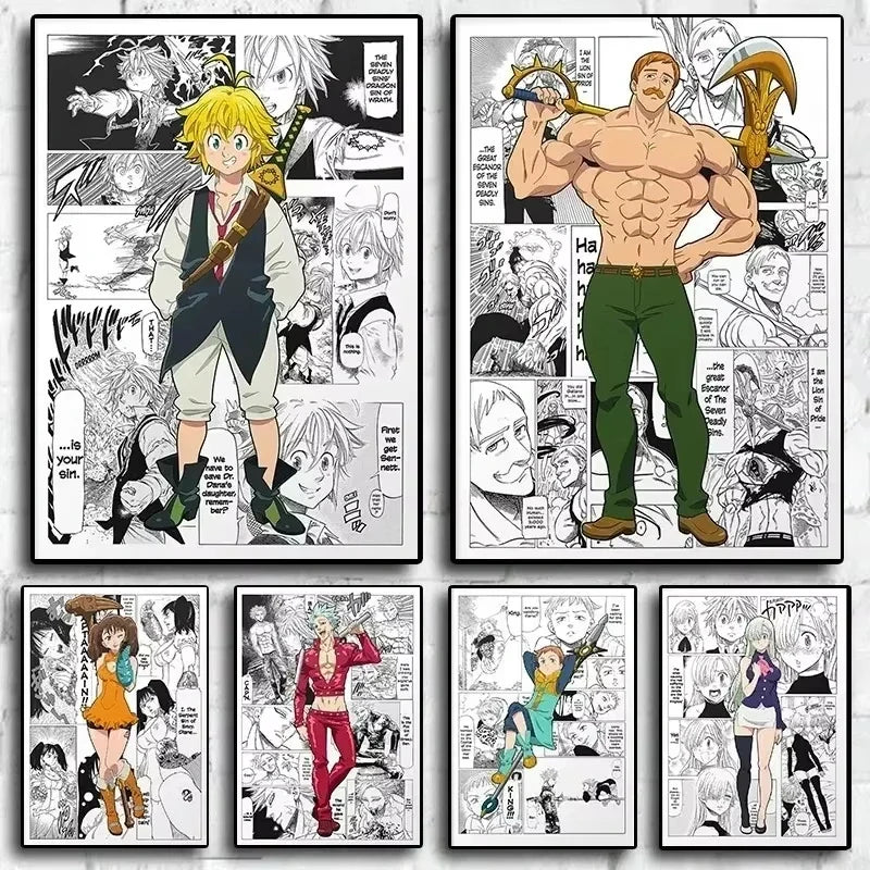 Japan Anime Figure The Seven Deadly Sins Poster Black and White Vintage Ban/King Canvas Print Wall Art Home Kawaii Room Decor