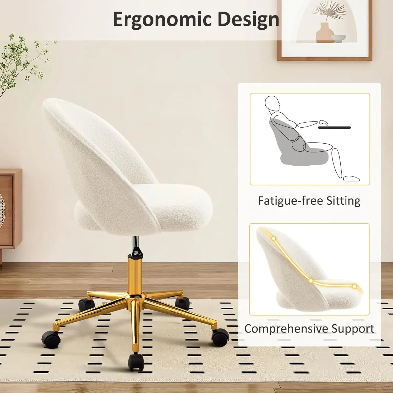 Vanity Chair with Back, Cute Office Desk Chair with Wheels for Girls, Upholstered Armless Accent Chair with Gold Metal Height