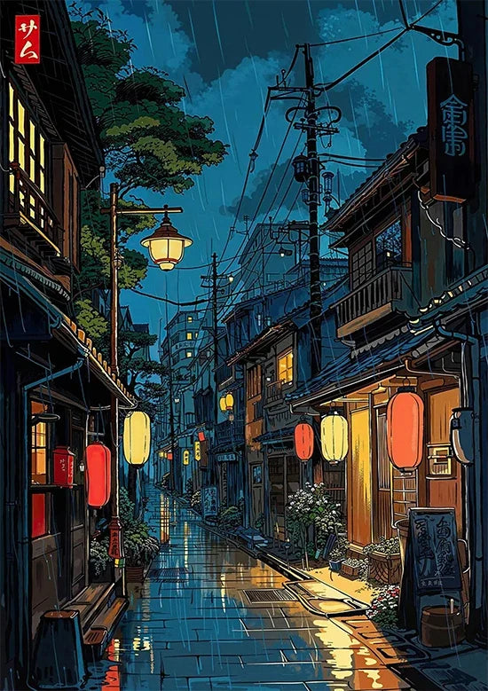 Tokyo Landscape Anime Illustration Print Japanese Night Scene Poster Fuji Vintage Painting Style Art Decor Canvas Wall Art Retro
