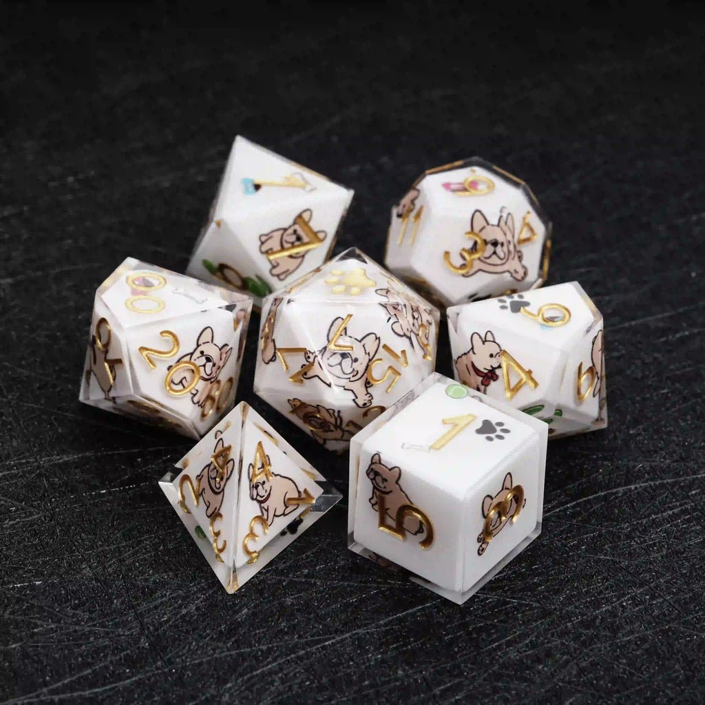 Kickstarter Dice – Canine Legends French Bulldog Resin DND Dice Set | Cute Guardian Dice for RPG Adventures
