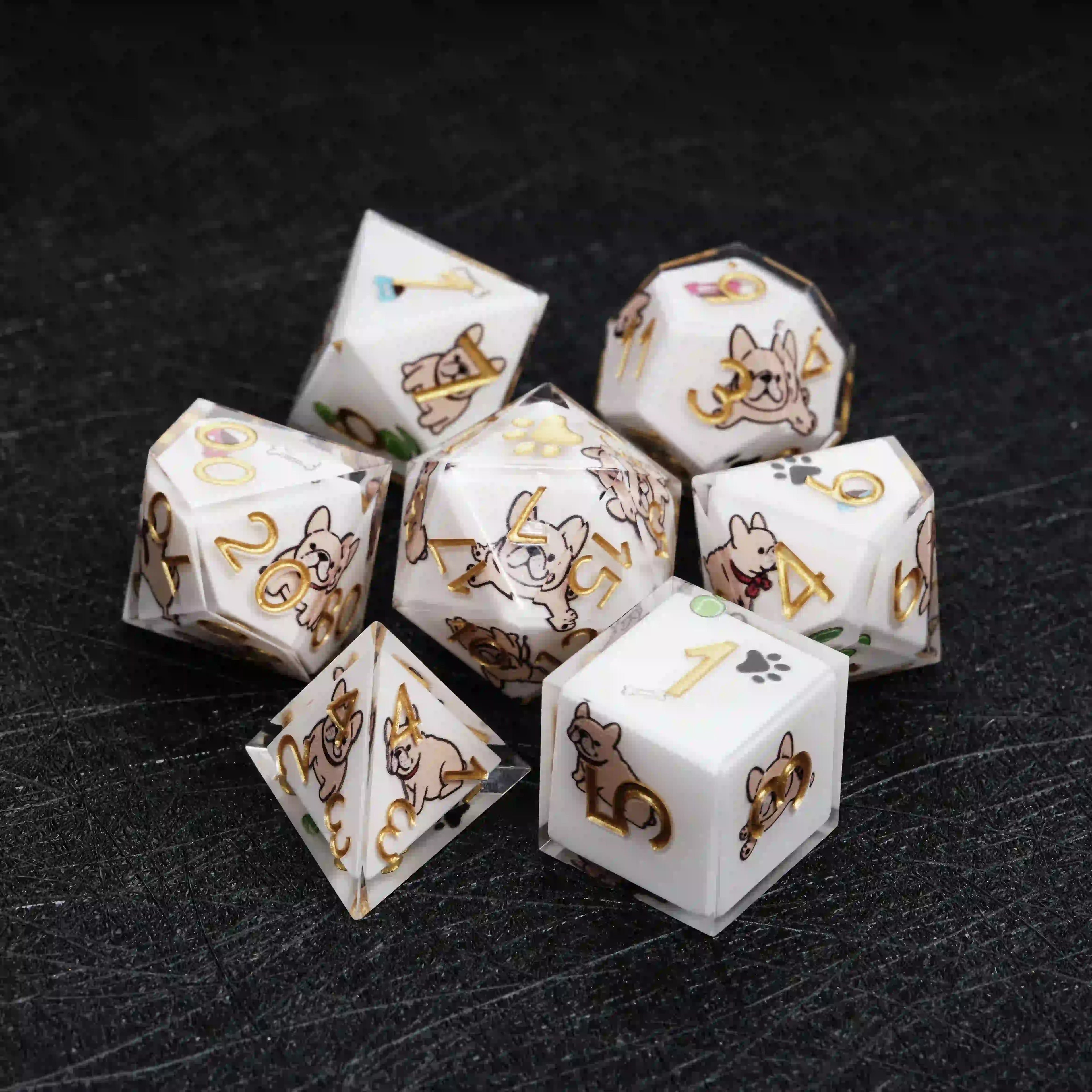 Kickstarter Dice – Canine Legends French Bulldog Resin DND Dice Set | Cute Guardian Dice for RPG Adventures