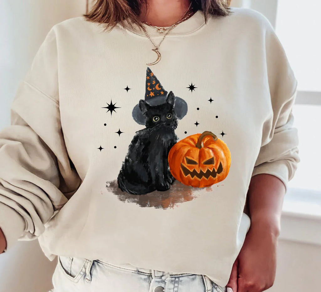 Spooky Cat Crewneck – Vintage Wash Halloween Spooky Season Crewneck, Unisex Cat Lovers Sweatshirt