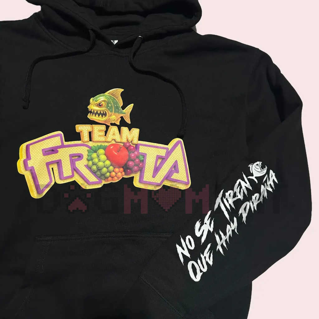 Team Fruta Pullover Hoodie – Black, Spanish Slogan & Fruit Logo Unisex Streetwear