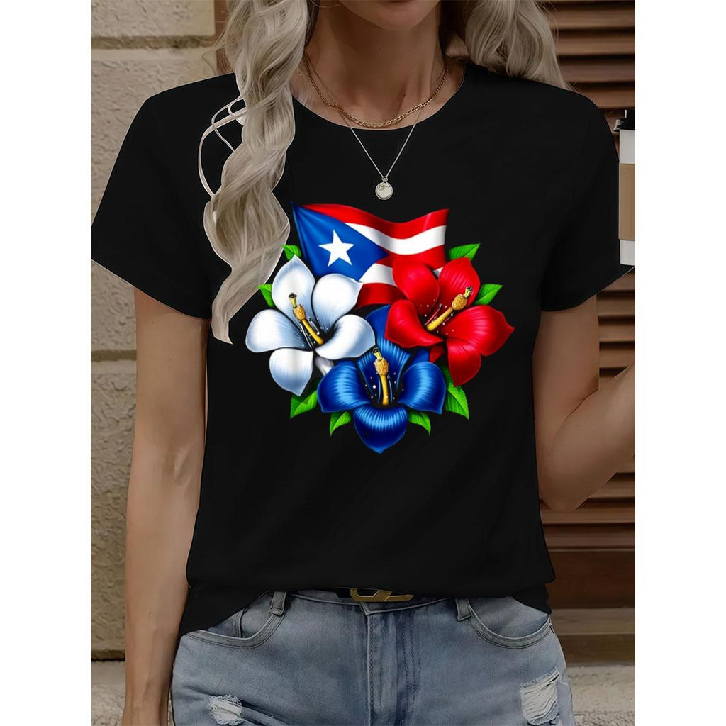 Vibrant Puerto Rican Flag & Flower T-Shirt – Unisex Cultural Pride Tee for Heritage Lovers