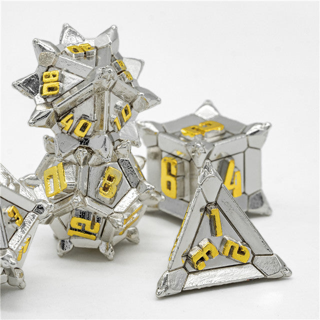 White w/Gold Pinwheel Strengthened Metal 7-Dice Set | Metal DND Dice