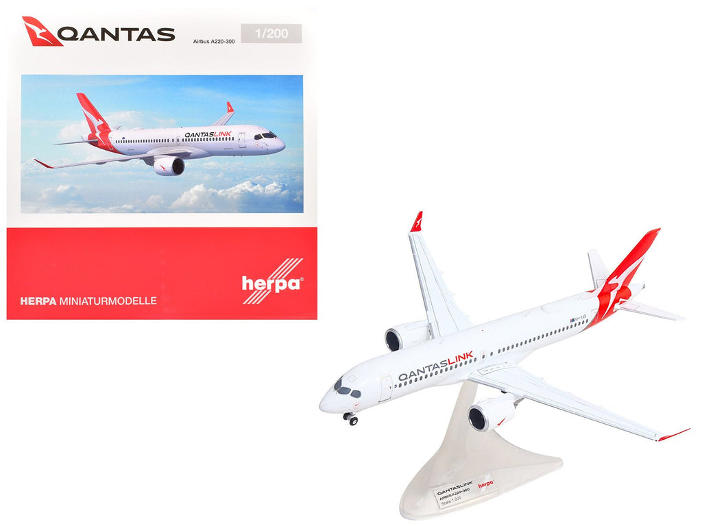 Airbus A220-300 Commercial Aircraft "QantasLink" (VH-X4B) White with Red Tail 1/200 Diecast Model by Herpa  free shipping USA
