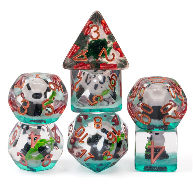 Bamboo Panda on Blue Glitter 7-Dice Set w/Copper Numbers Dnd Dice Set