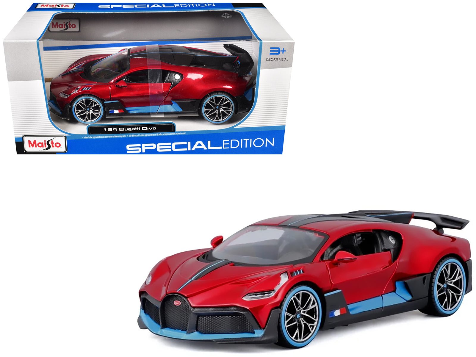 Bugatti Divo Red Metallic with Carbon and Blue Accents "Special Edition" 1/24 Diecast Model Car by Maisto  free shipping USA