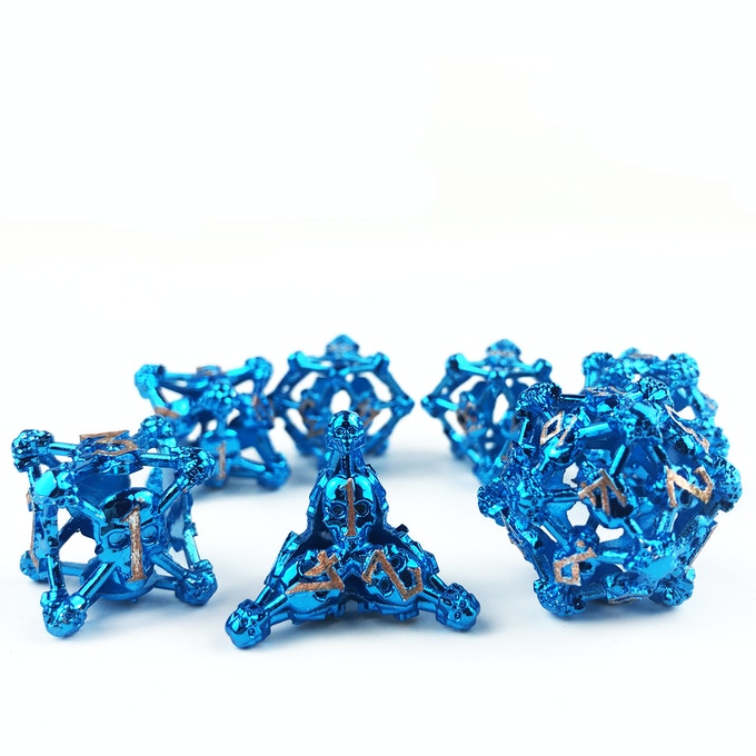 Blue w/Copper Deadly Skull Dice Hollow Metal 7-Dice Set