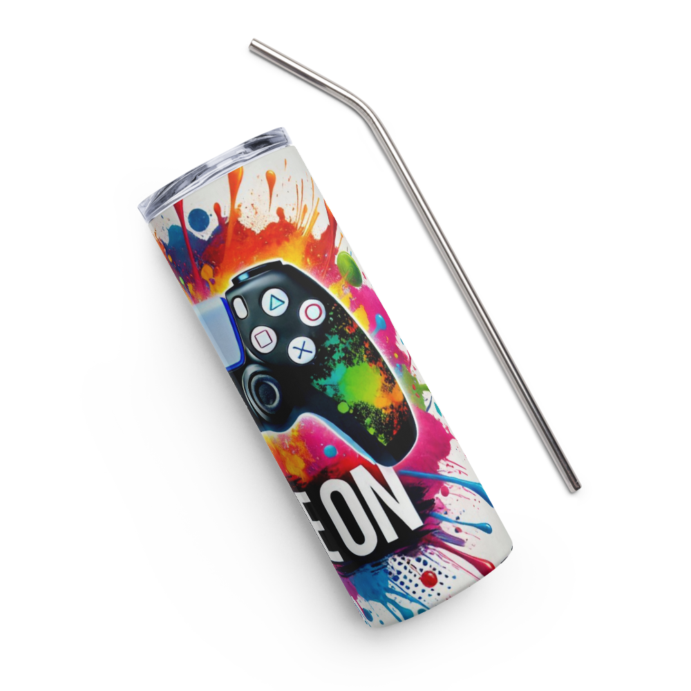 White Game-On PS Controller Metal Tumbler