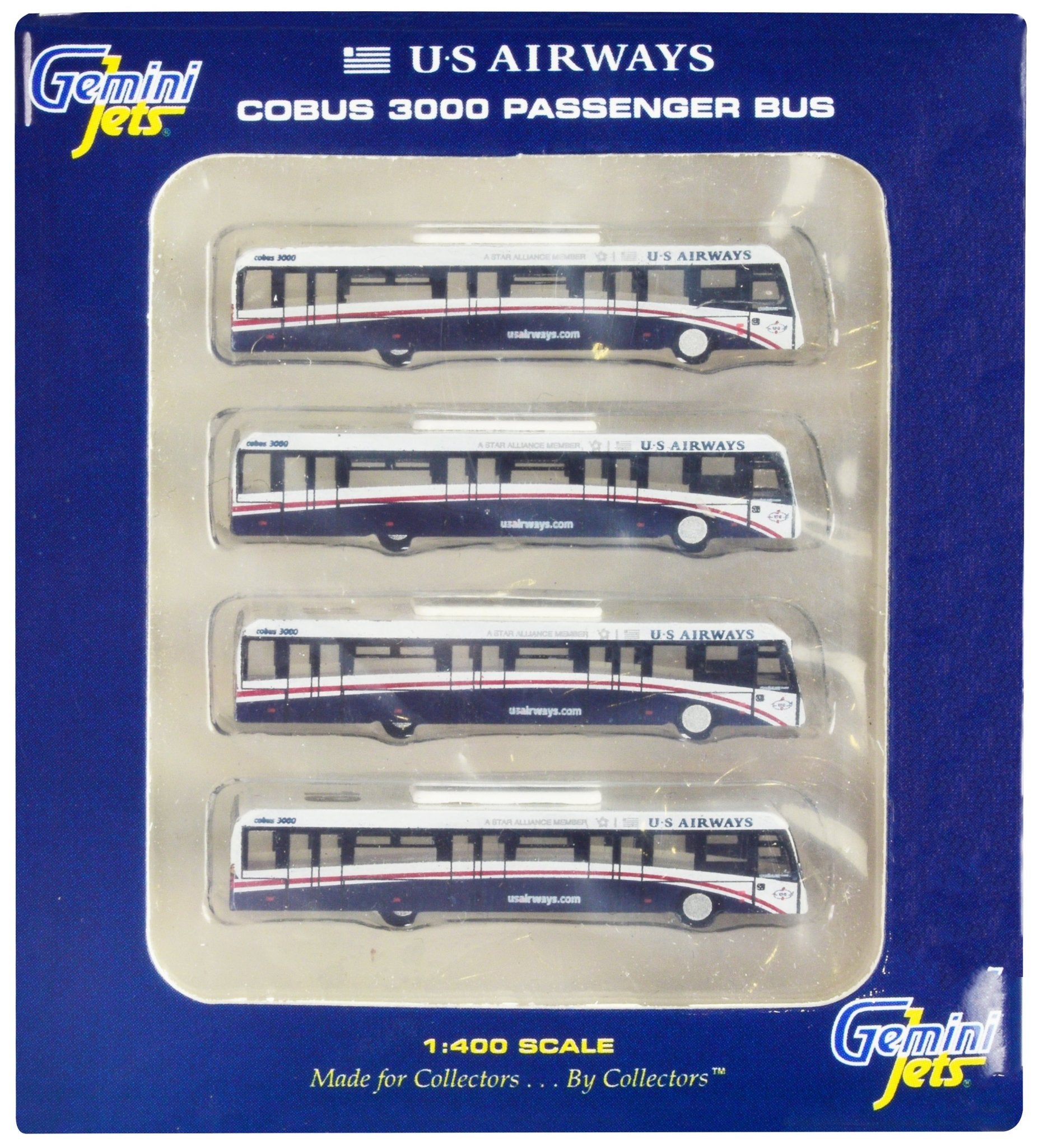 Cobus 3000 Passenger Bus White and Blue "US Airways Shuttle Bus" 4 Piece Set 1/400 Diecast Models by GeminiJets  free shipping USA