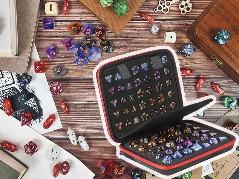 Dice Collection - DND Acrylic Dice Set Storage Box + Zippered Dice Case + Logo Badge