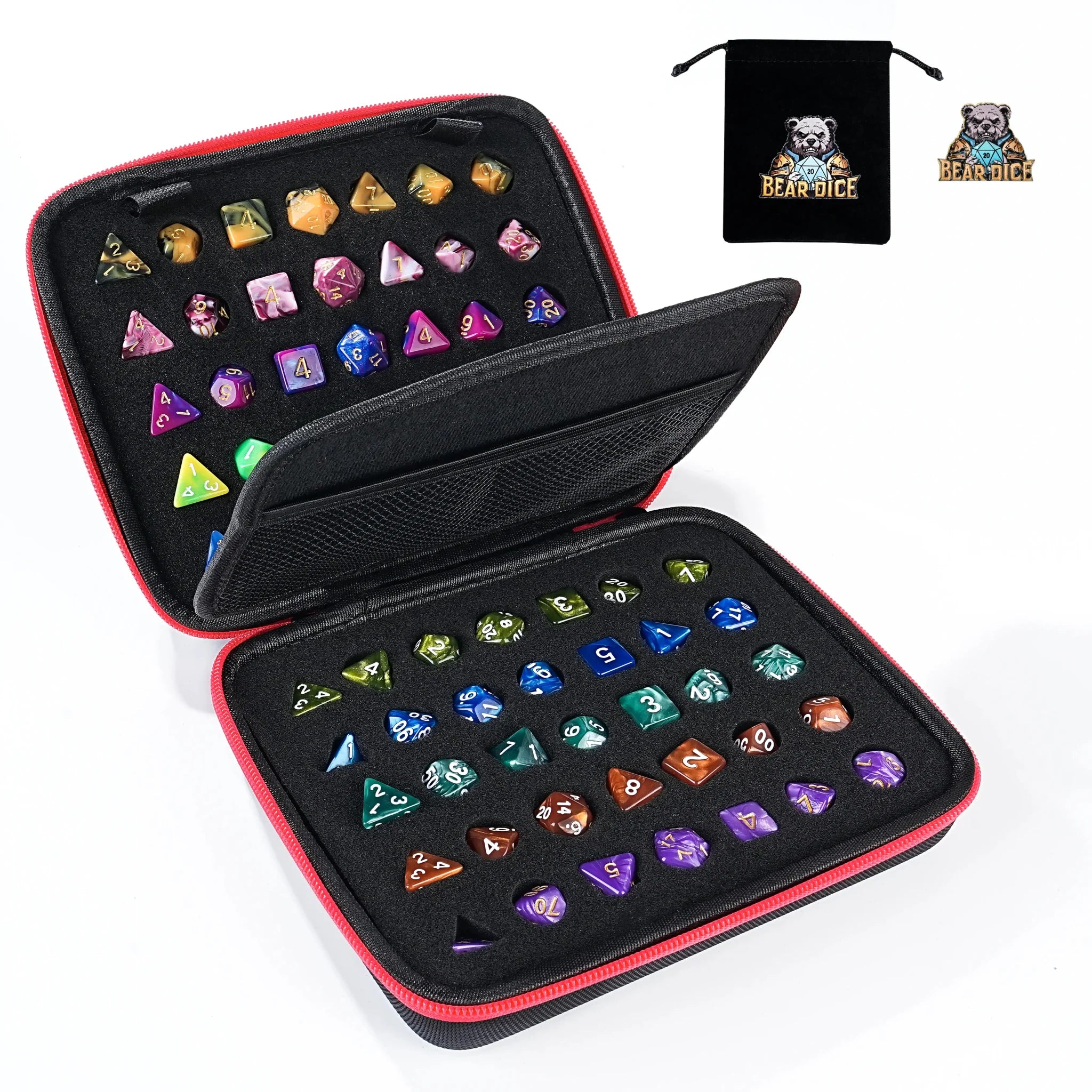 Dice Collection - DND Acrylic Dice Set Storage Box + Zippered Dice Case + Logo Badge