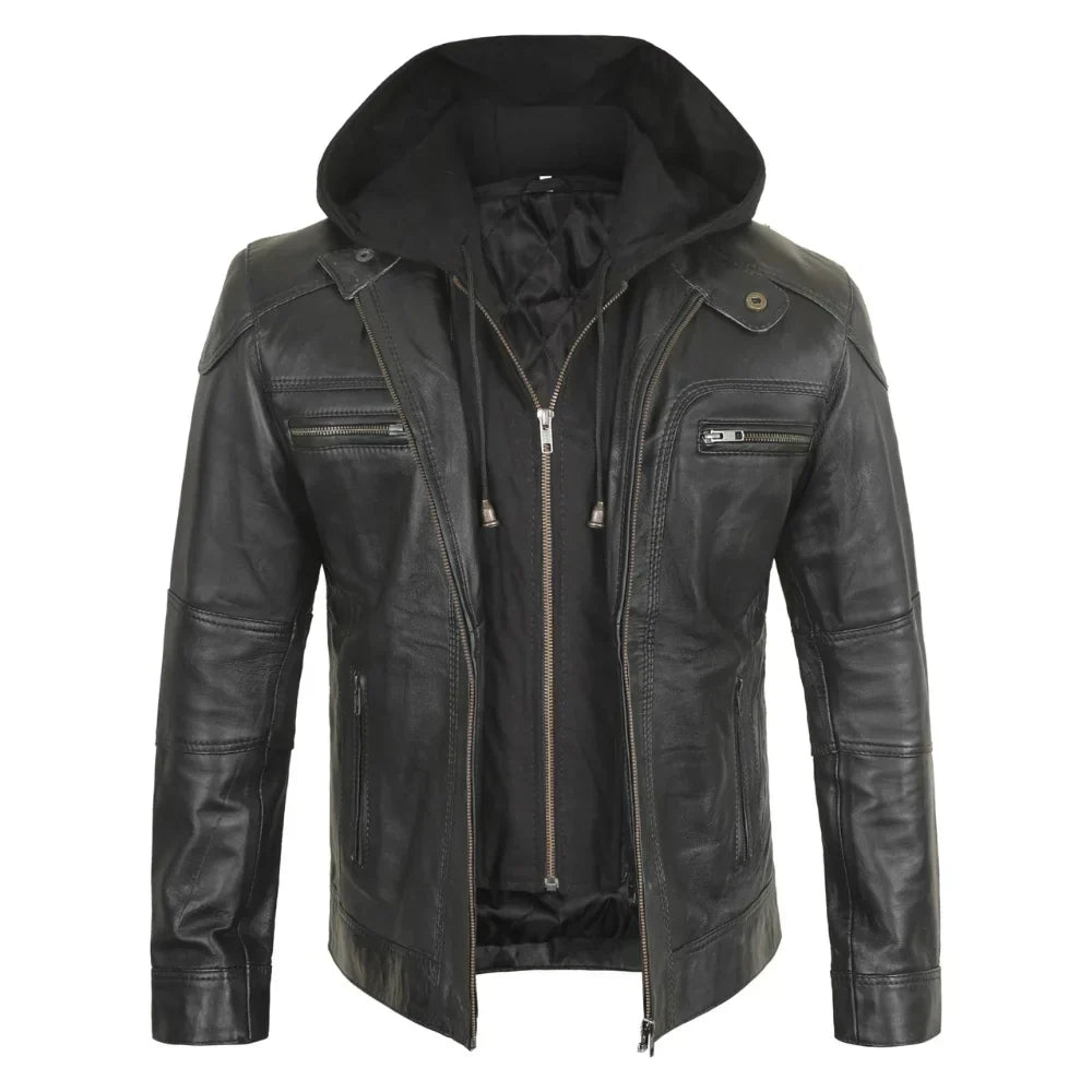 Men's Black Hooded Biker Leather Jacket With Removable Hood