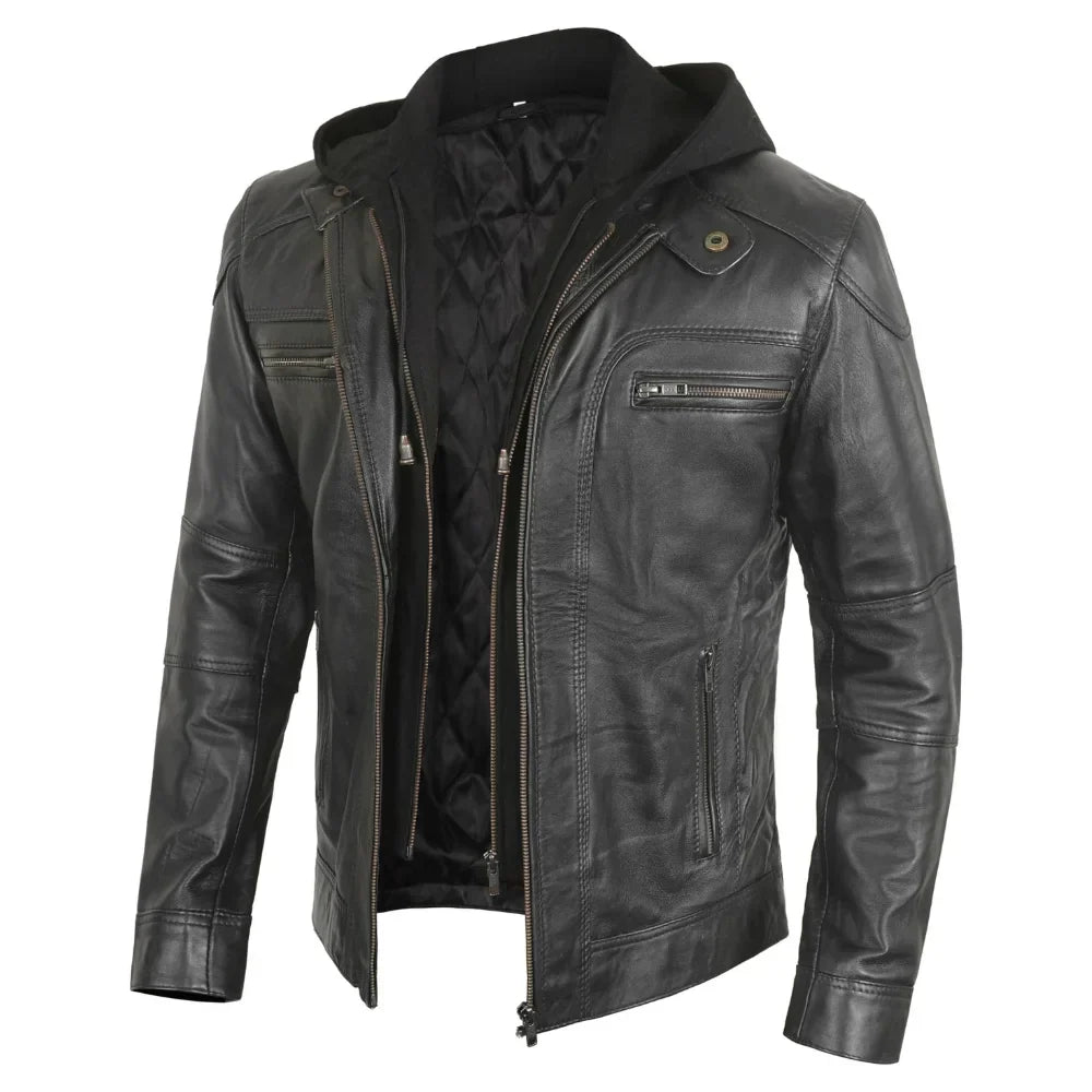 Men's Black Hooded Biker Leather Jacket With Removable Hood