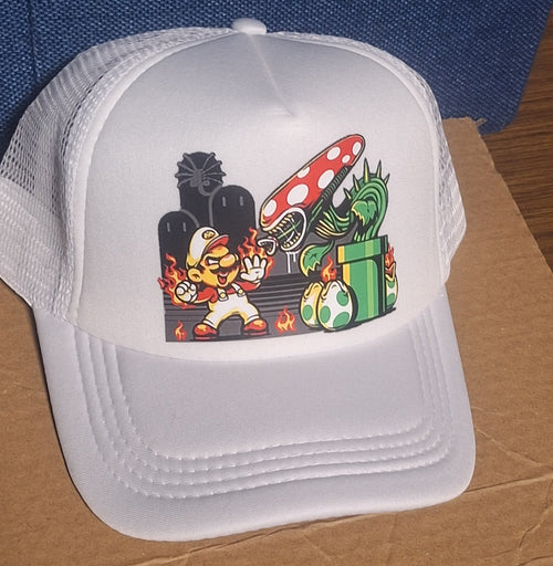 Adjustable Trucker Baseball Cap Featuring Fire Mario Versus Xenomorph and Piranha Plant Artwork